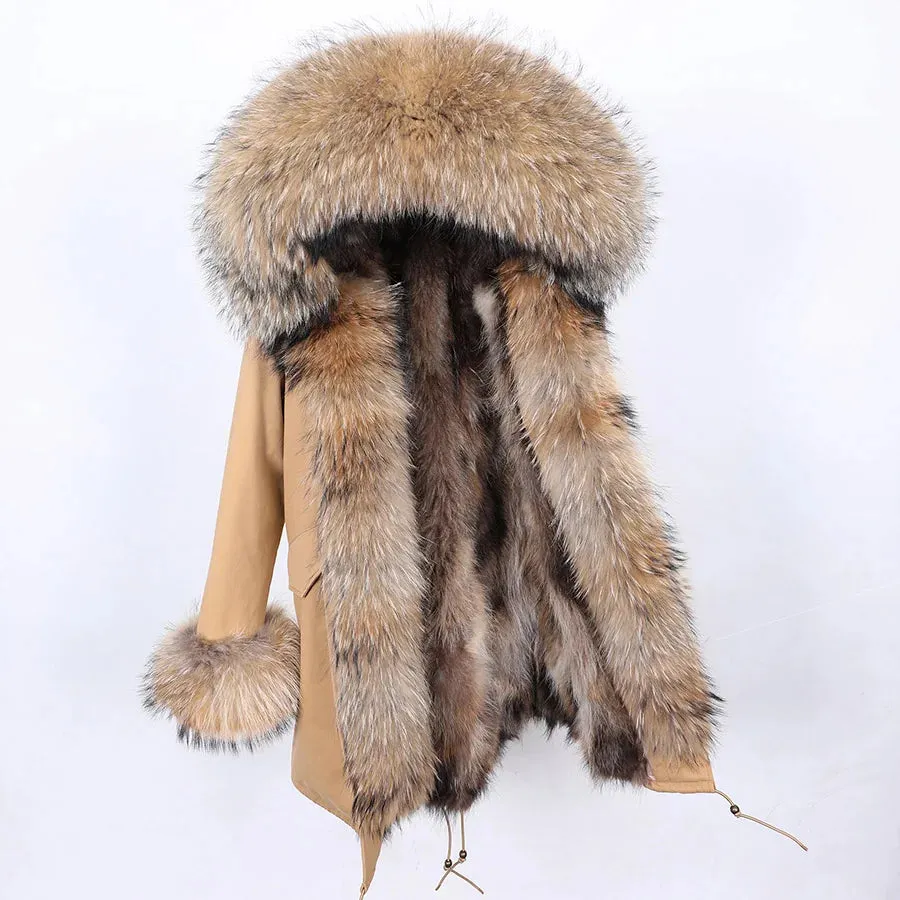 2025 Women's Thick Fur Winter Coat with Real Fur Lining - Long Thick Winter Coat with Fox Fur & Raccoon Fur Collar | Hooded & Waterproof