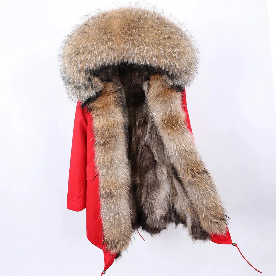 2025 Women's Thick Fur Winter Coat with Real Fur Lining - Long Thick Winter Coat with Fox Fur & Raccoon Fur Collar | Hooded & Waterproof