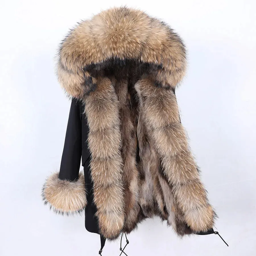 2025 Women's Thick Fur Winter Coat with Real Fur Lining - Long Thick Winter Coat with Fox Fur & Raccoon Fur Collar | Hooded & Waterproof