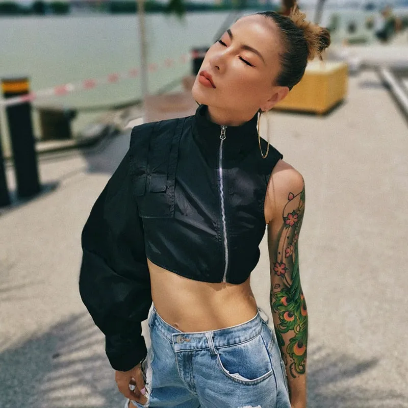 Asymmetrical Short Tops For Women Stand Collar Long Sleeve Casual Streetwear Jackets Female Fashion Clothing