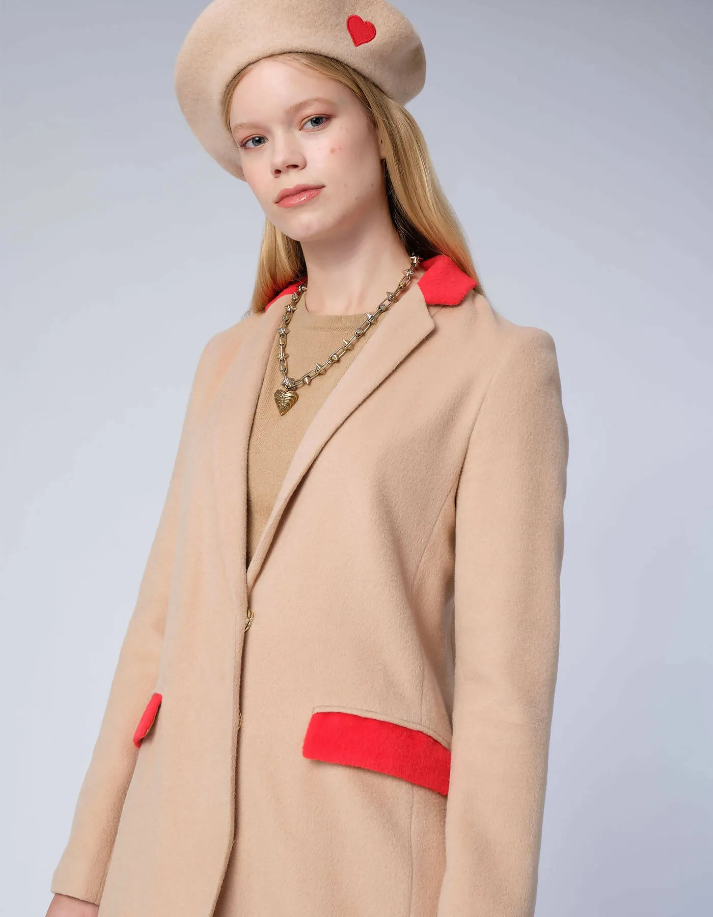 Beige Coat With Red Collar