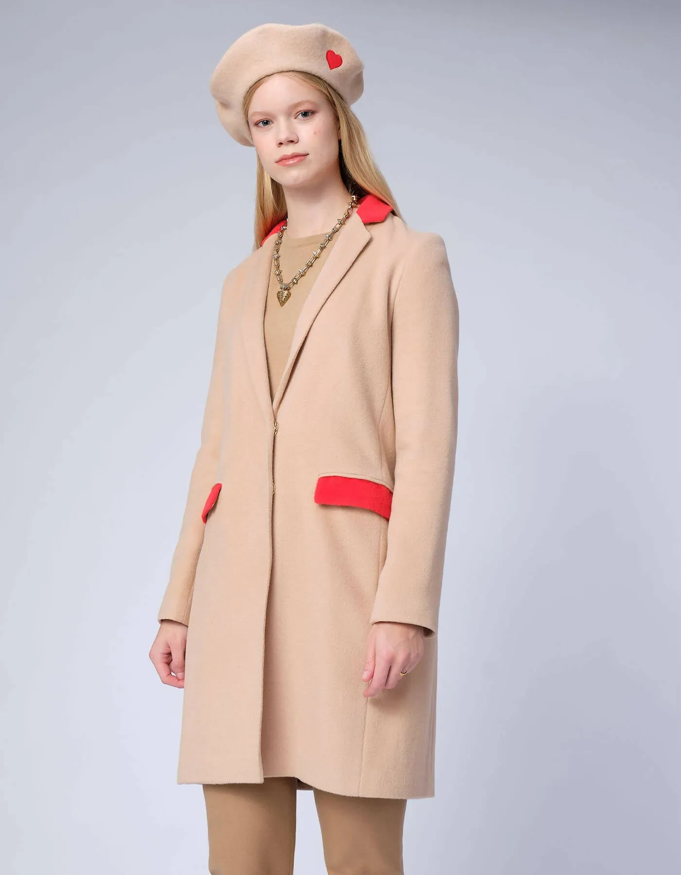 Beige Coat With Red Collar