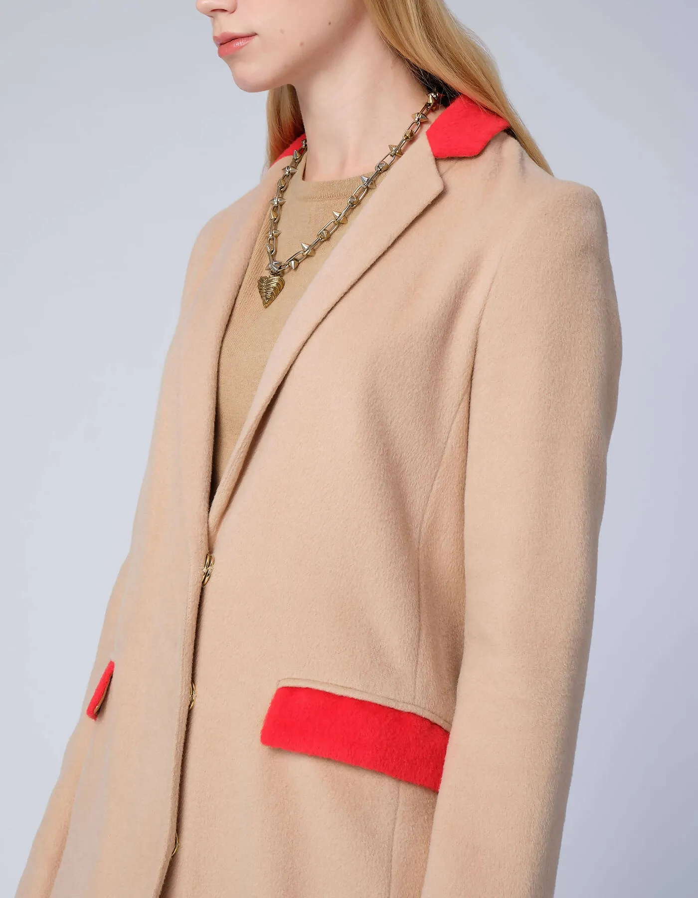 Beige Coat With Red Collar