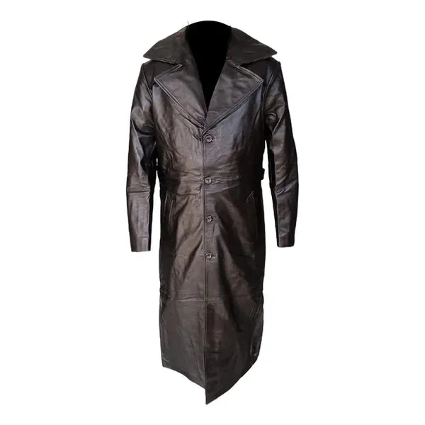 Black Real Leather Long Trench Winter Coat