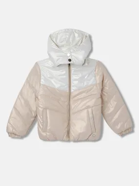 Blue Giraffe Girls Beige Color-Blocked Detachable Hood Full Sleeves Puffer Jacket