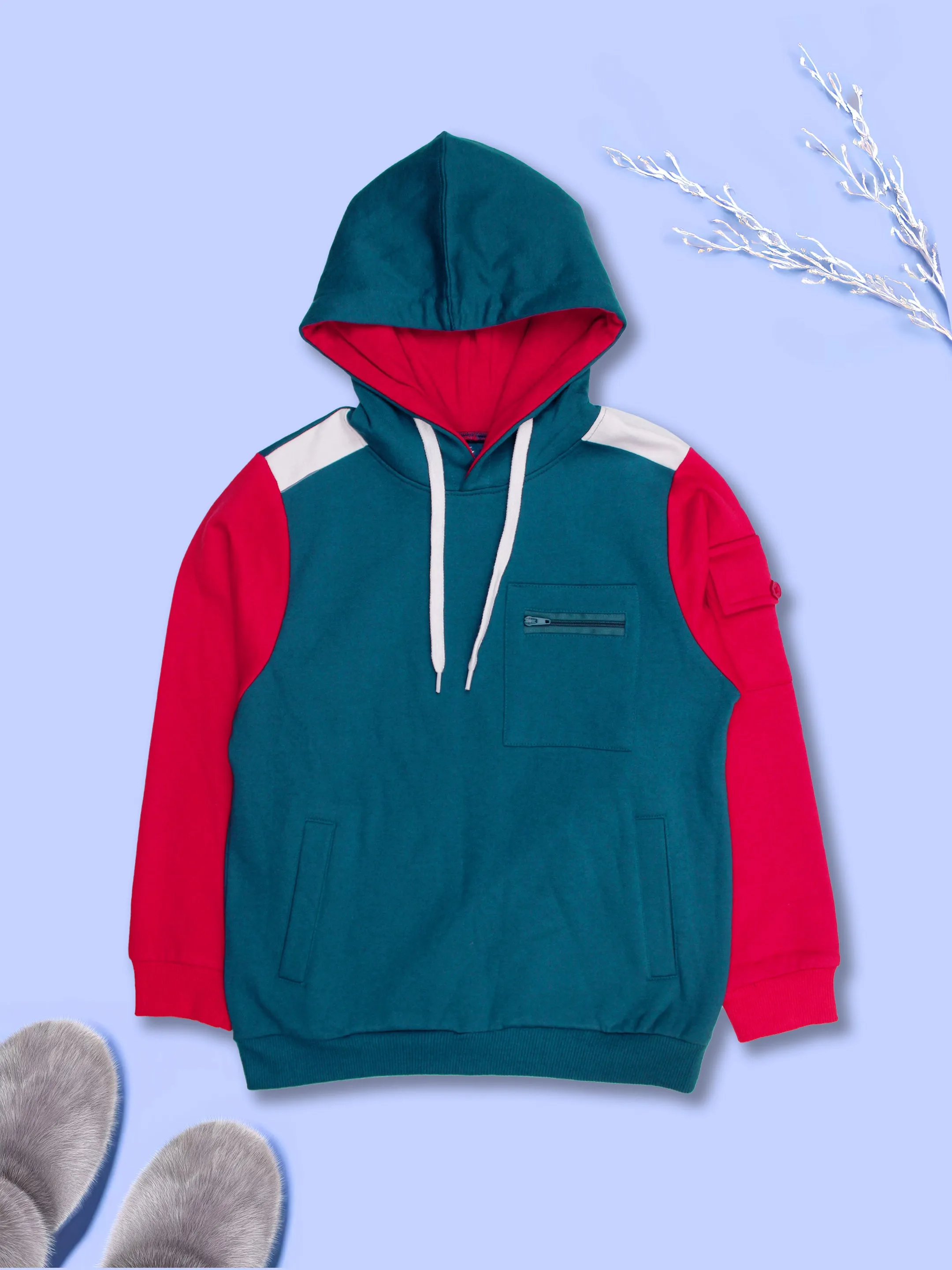 Boys Fleece Full Sleeves Cut & Sew Hooded Sweatshirt With Cargo Pocket