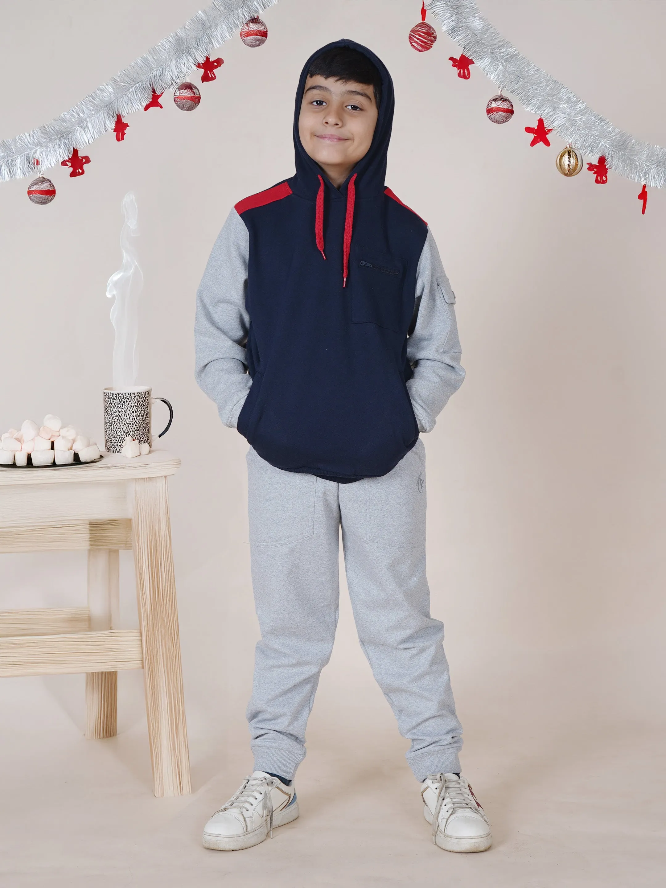 Boys Fleece Full Sleeves Cut & Sew Hooded Sweatshirt With Cargo Pocket