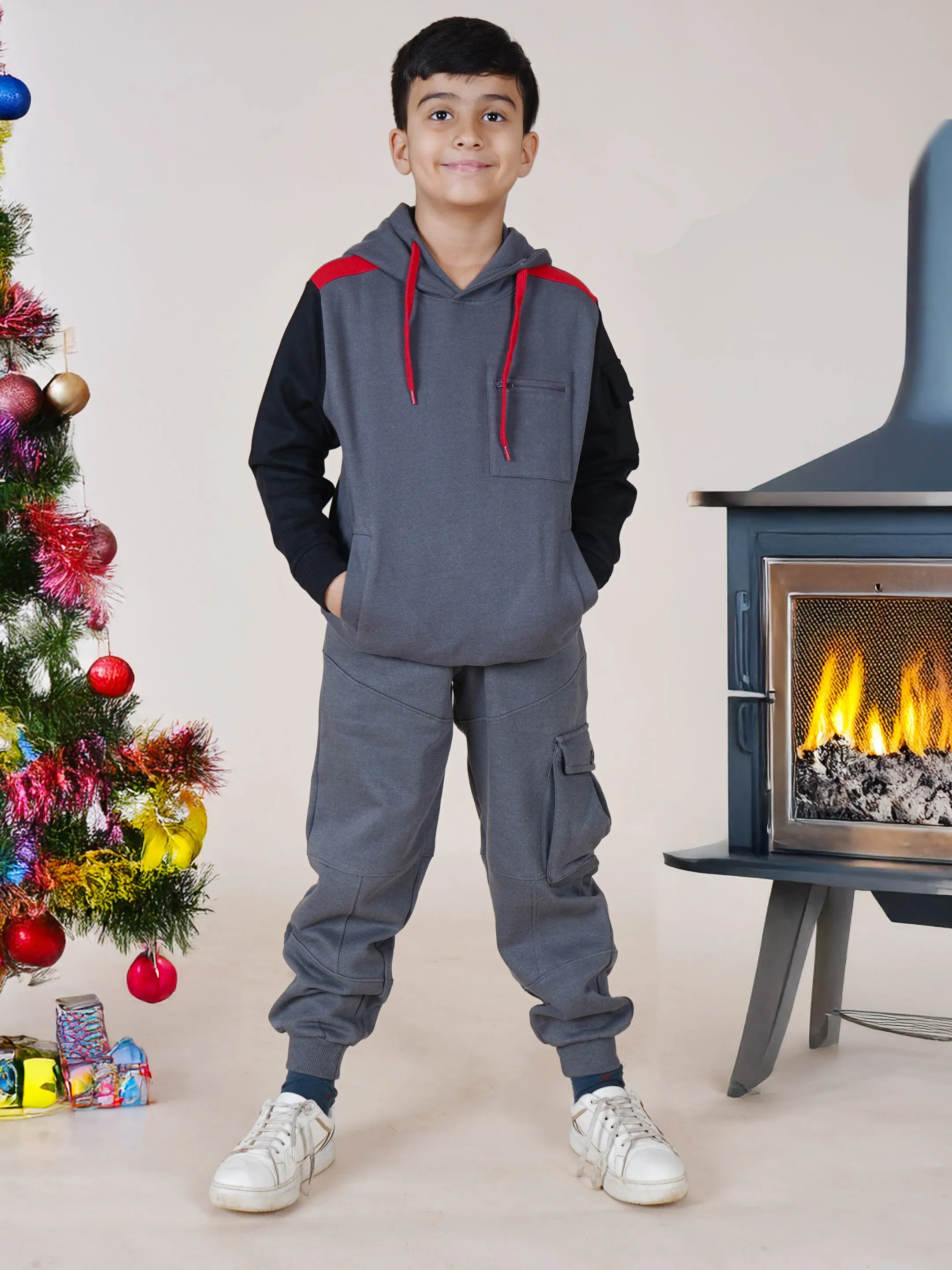 Boys Fleece Full Sleeves Cut & Sew Hooded Sweatshirt With Cargo Pocket