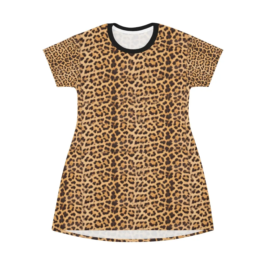 Brown Leopard Print T-Shirt Dress, Modern Leopard Animal Printed Women's Dress-Made in USA