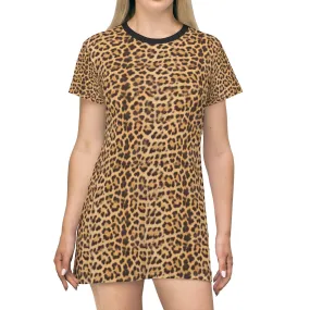 Brown Leopard Print T-Shirt Dress, Modern Leopard Animal Printed Women's Dress-Made in USA