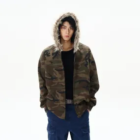 Camouflage Fur Collar Hooded Sweatshirt