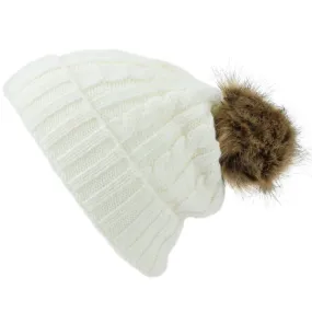 Childrens Cable Knit Beanie Hat with Faux Fur Bobble and Turn-up - White