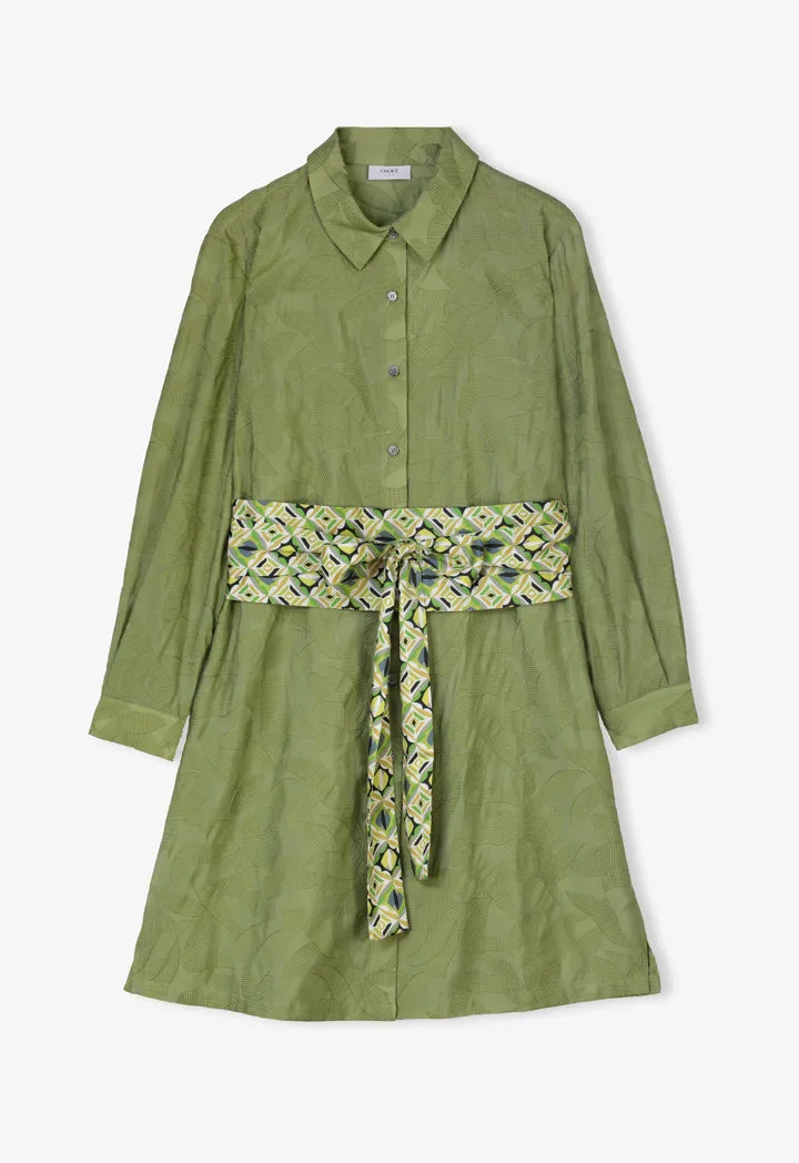 Choice Embroidered Floral Textured Midi Shirt Dress Green