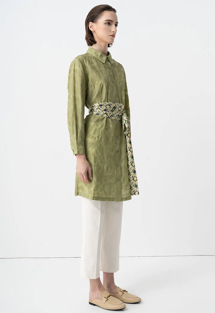 Choice Embroidered Floral Textured Midi Shirt Dress Green