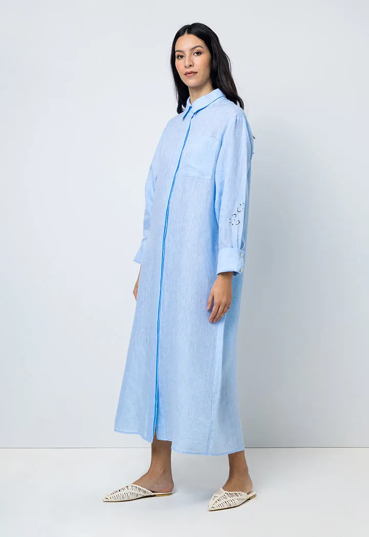 Choice Solid Long Sleeves Maxi Shirt Dress Light Blue