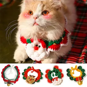 Christmas Pet Hand Woven Wool Collar for Cat and Dog Santa Claus Elk Pattern Cute Collar Tie Up Neck Ring New Year Pet Clothes