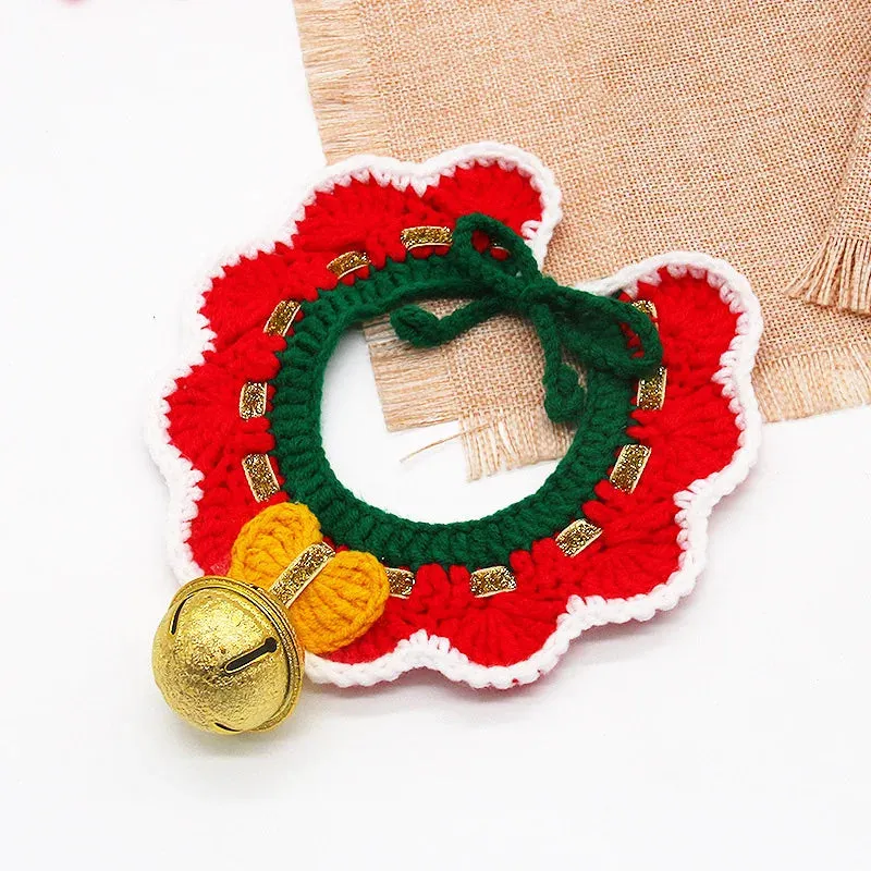 Christmas Pet Hand Woven Wool Collar for Cat and Dog Santa Claus Elk Pattern Cute Collar Tie Up Neck Ring New Year Pet Clothes