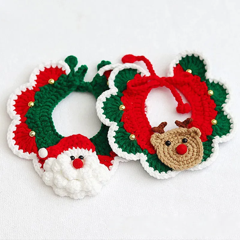 Christmas Pet Hand Woven Wool Collar for Cat and Dog Santa Claus Elk Pattern Cute Collar Tie Up Neck Ring New Year Pet Clothes