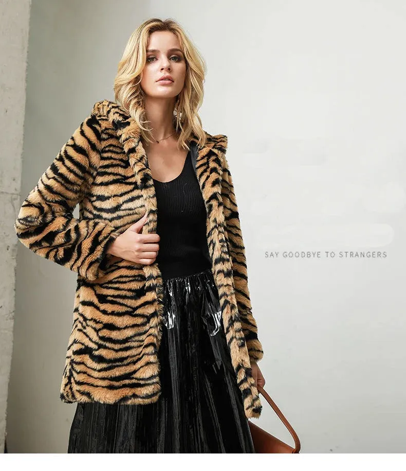 Chyanna Tiger Stripe Fur Hoodie Plus Size Western Style Winter Coat