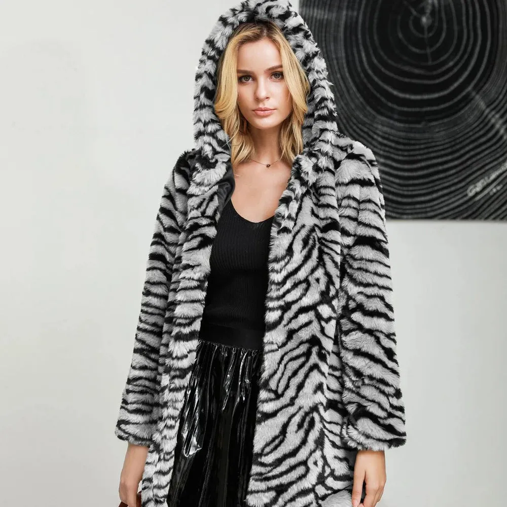 Chyanna Tiger Stripe Fur Hoodie Plus Size Western Style Winter Coat