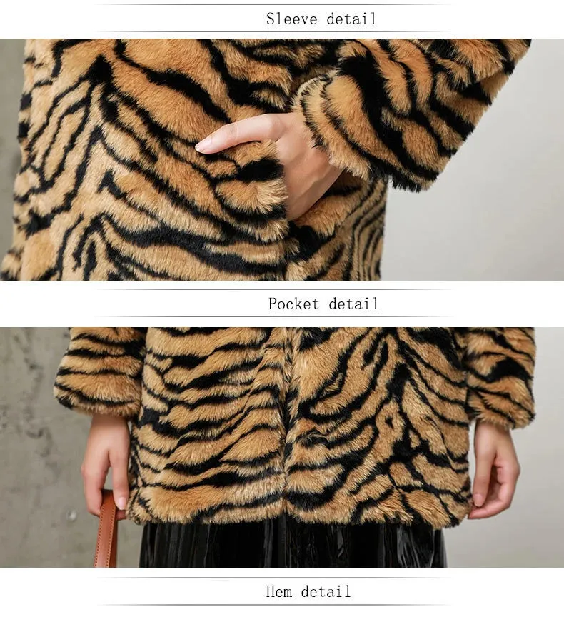 Chyanna Tiger Stripe Fur Hoodie Plus Size Western Style Winter Coat