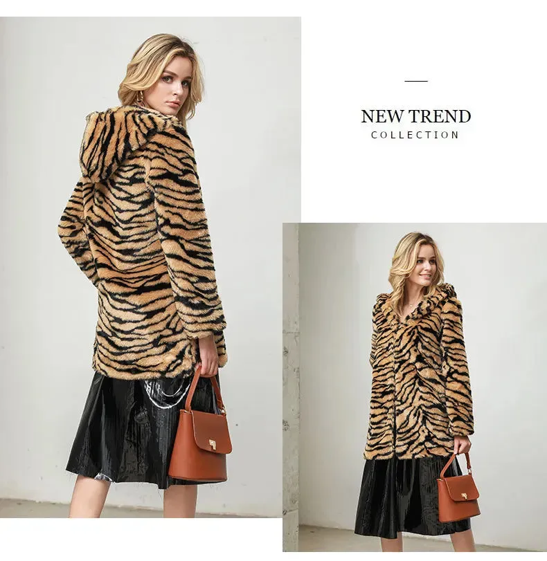 Chyanna Tiger Stripe Fur Hoodie Plus Size Western Style Winter Coat