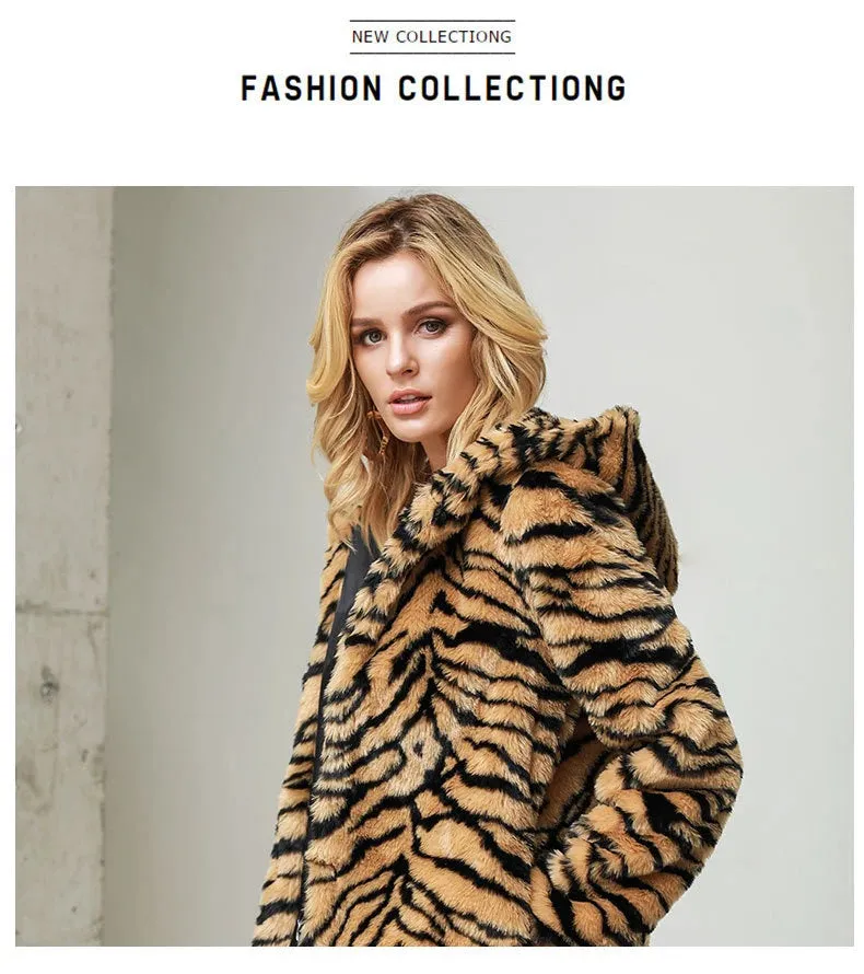 Chyanna Tiger Stripe Fur Hoodie Plus Size Western Style Winter Coat