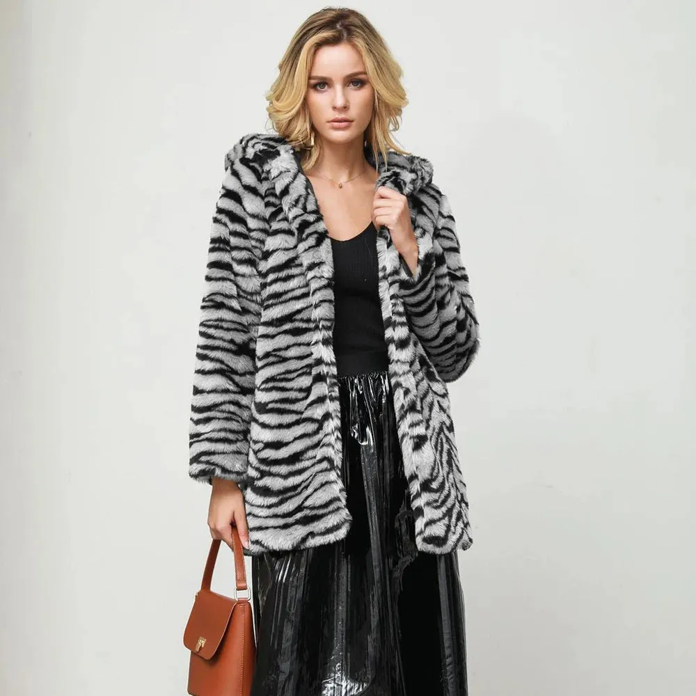 Chyanna Tiger Stripe Fur Hoodie Plus Size Western Style Winter Coat