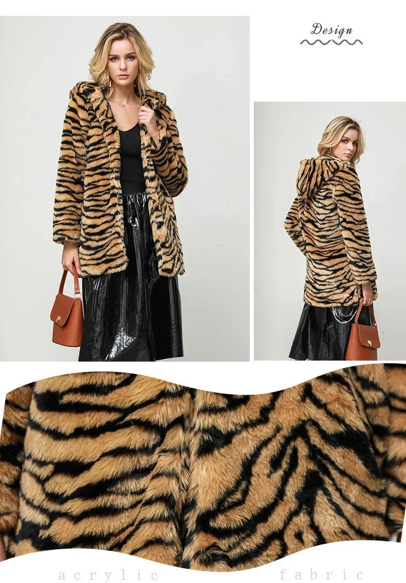 Chyanna Tiger Stripe Fur Hoodie Plus Size Western Style Winter Coat