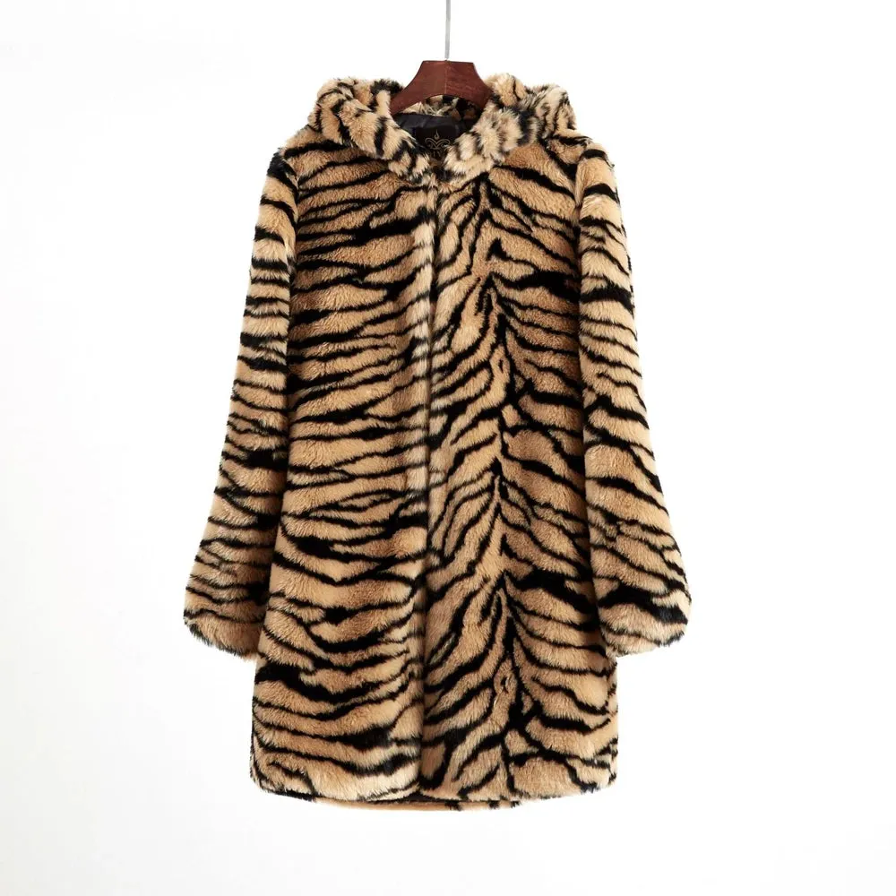 Chyanna Tiger Stripe Fur Hoodie Plus Size Western Style Winter Coat