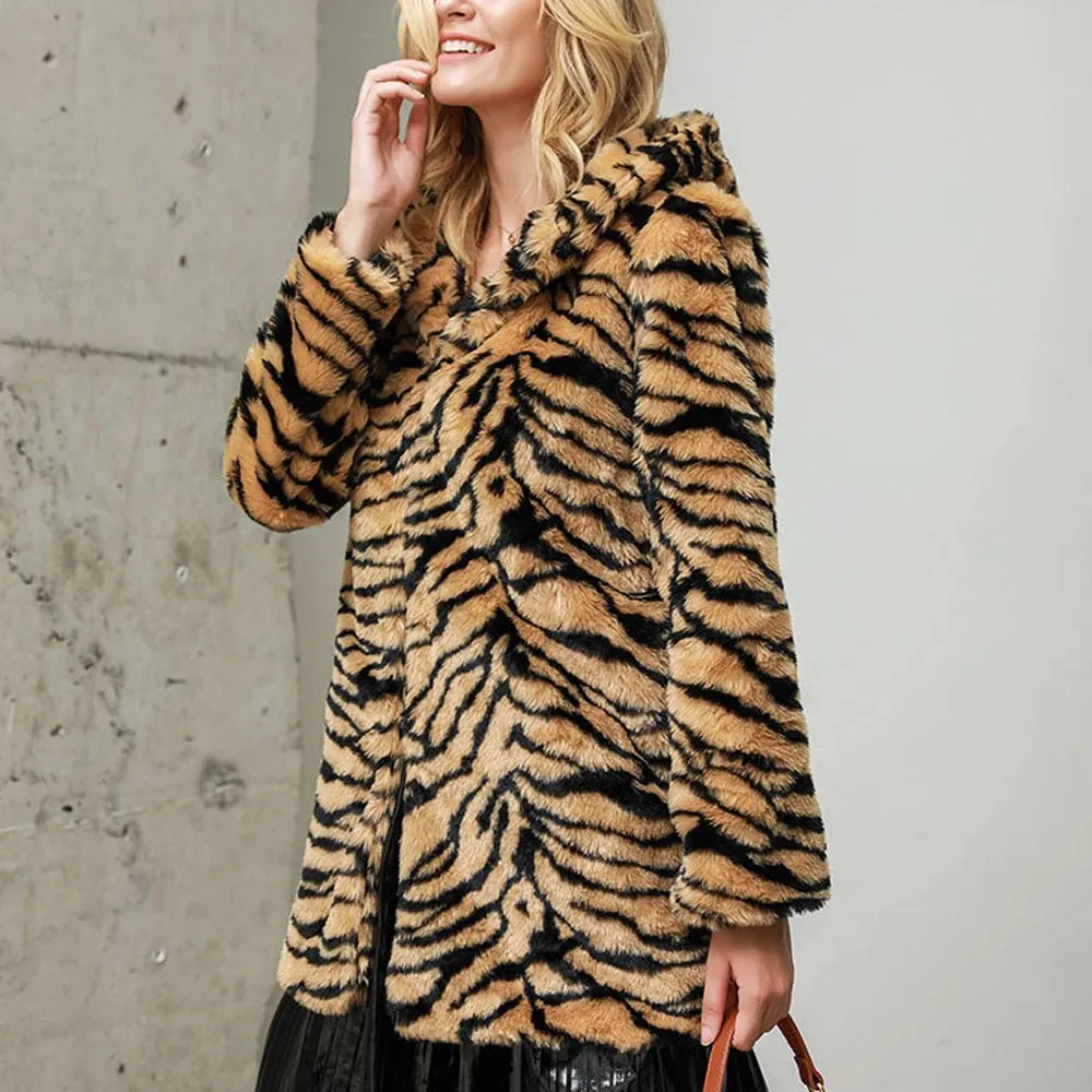 Chyanna Tiger Stripe Fur Hoodie Plus Size Western Style Winter Coat