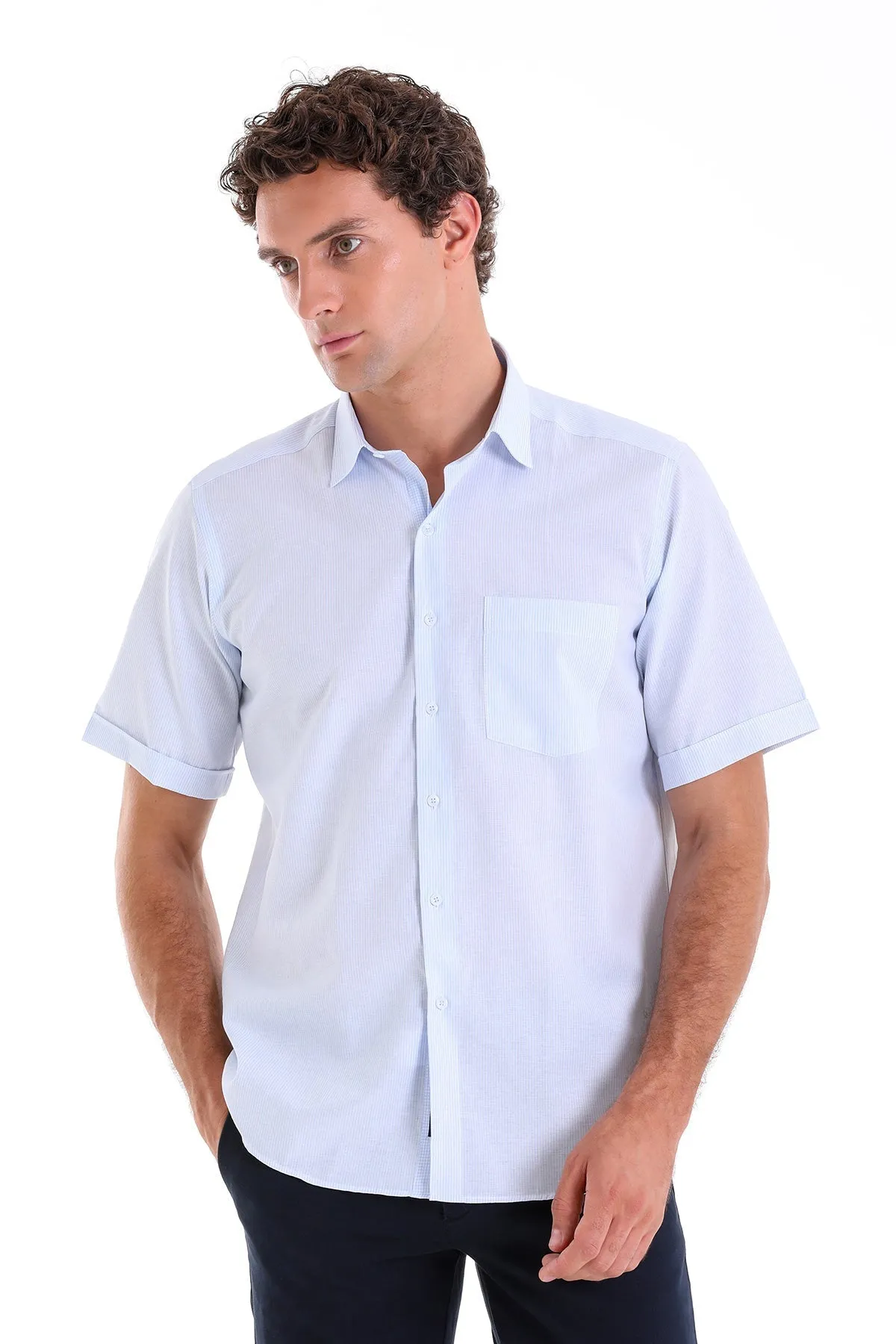 Comfort Fit Striped Cotton Blend Light Blue Dress Shirt