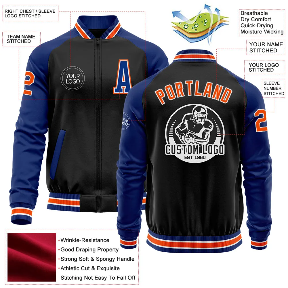 Custom Black Orange-Royal Bomber Varsity Letterman Two Tone Zipper Jacket