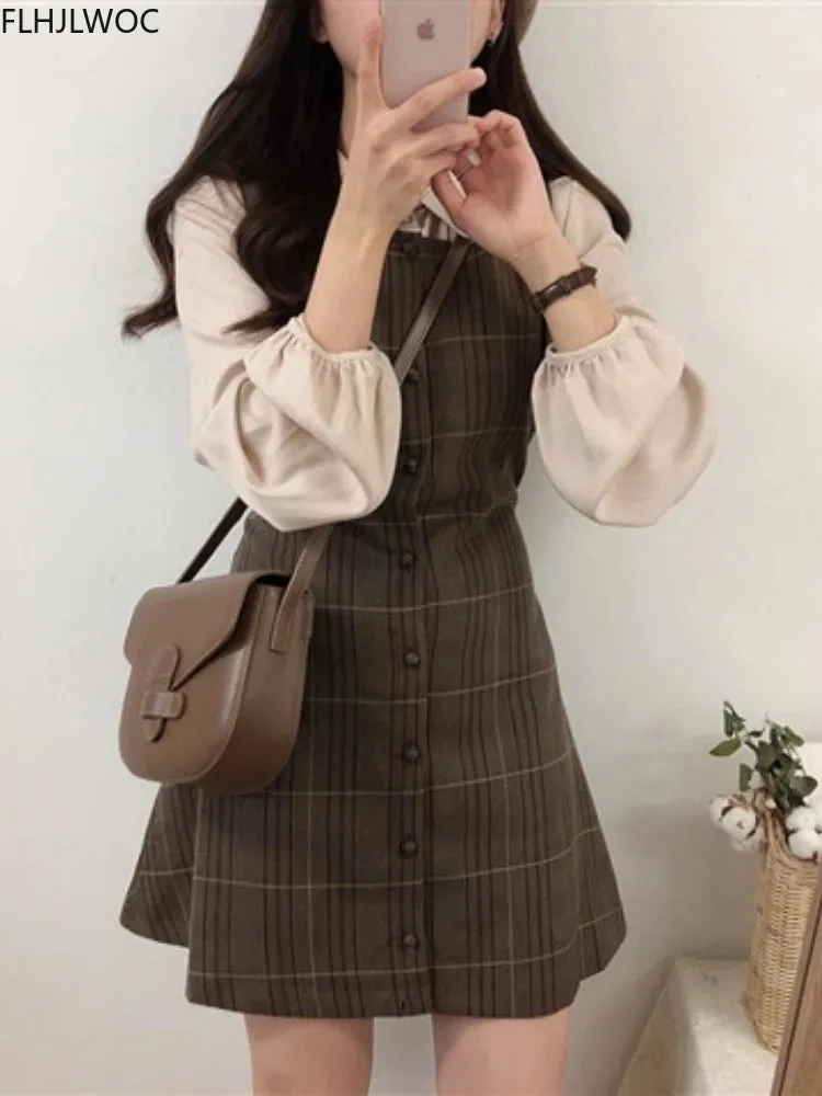 Cute Mini Sleeveless Vest Style Design Retro Vintage Plaid Button Shirt Dress