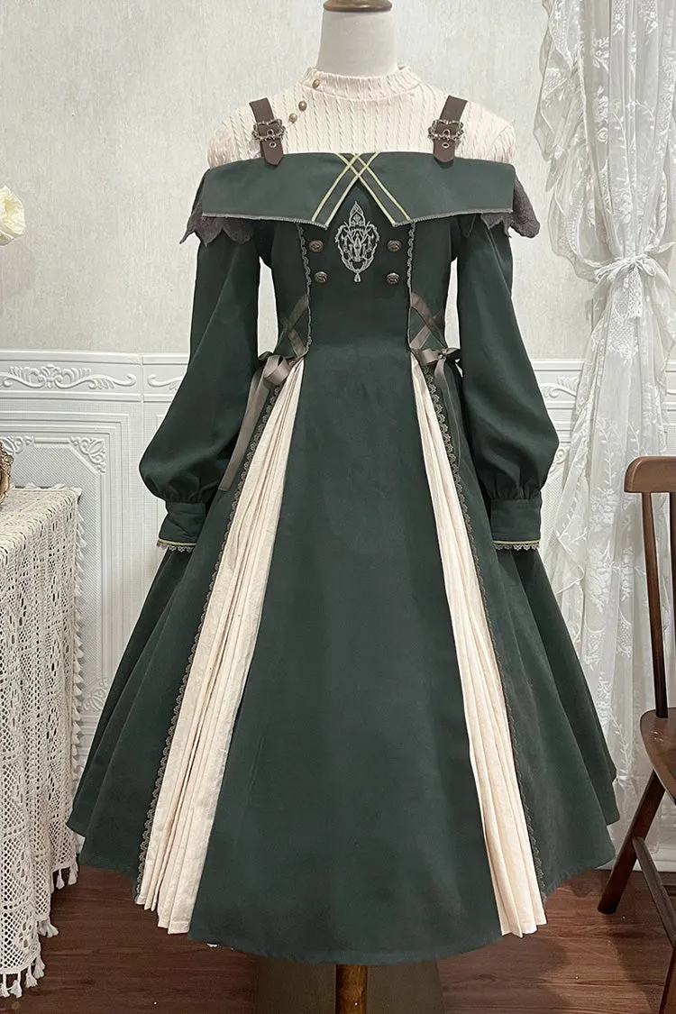 Dark Green Long Sleeves Ruffle Embroidery Bowknot Gothic Princess Lolita Dress