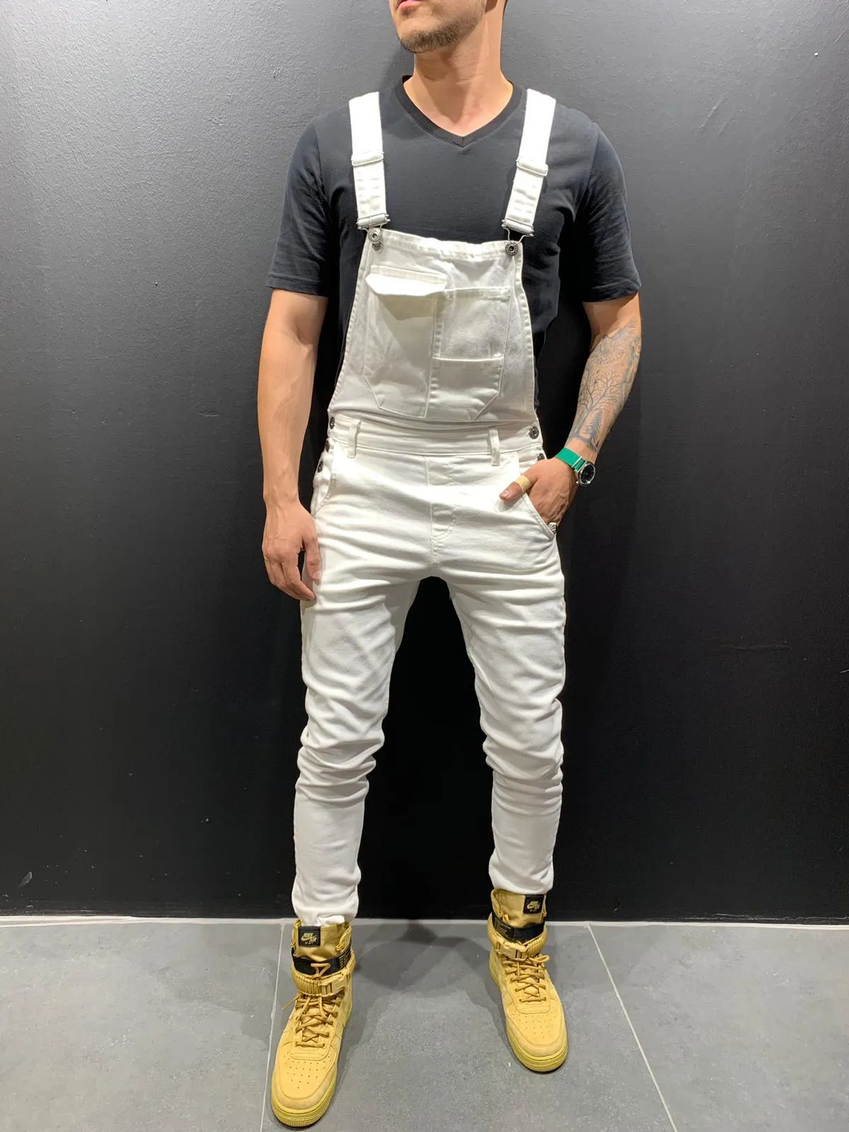 Distressed Denim Bib Overall - White