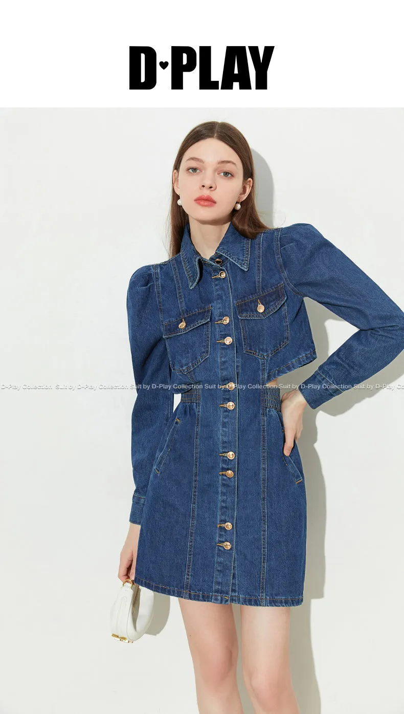 DPLAY fall Autumn Classic Deep Denim Blue Long Sleeve Dress - Imil