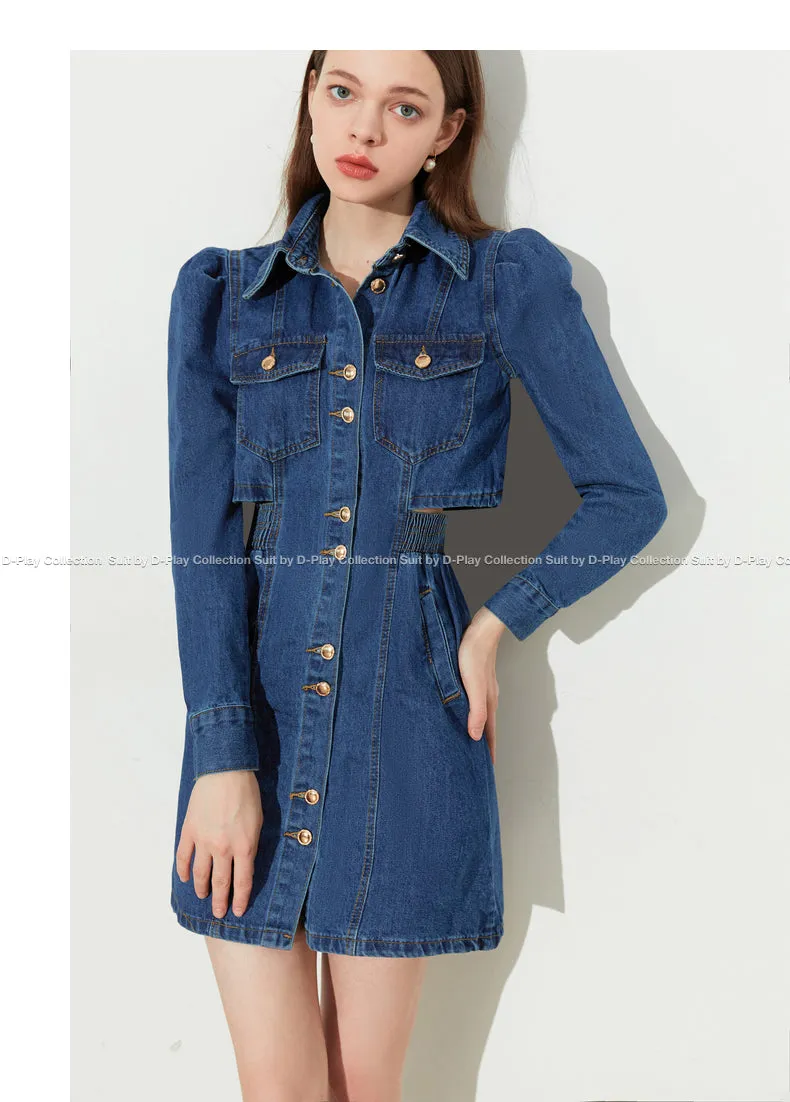 DPLAY fall Autumn Classic Deep Denim Blue Long Sleeve Dress - Imil