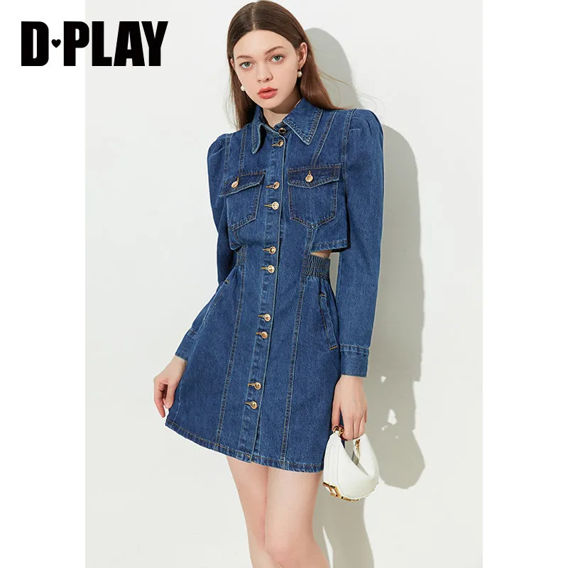 DPLAY fall Autumn Classic Deep Denim Blue Long Sleeve Dress - Imil