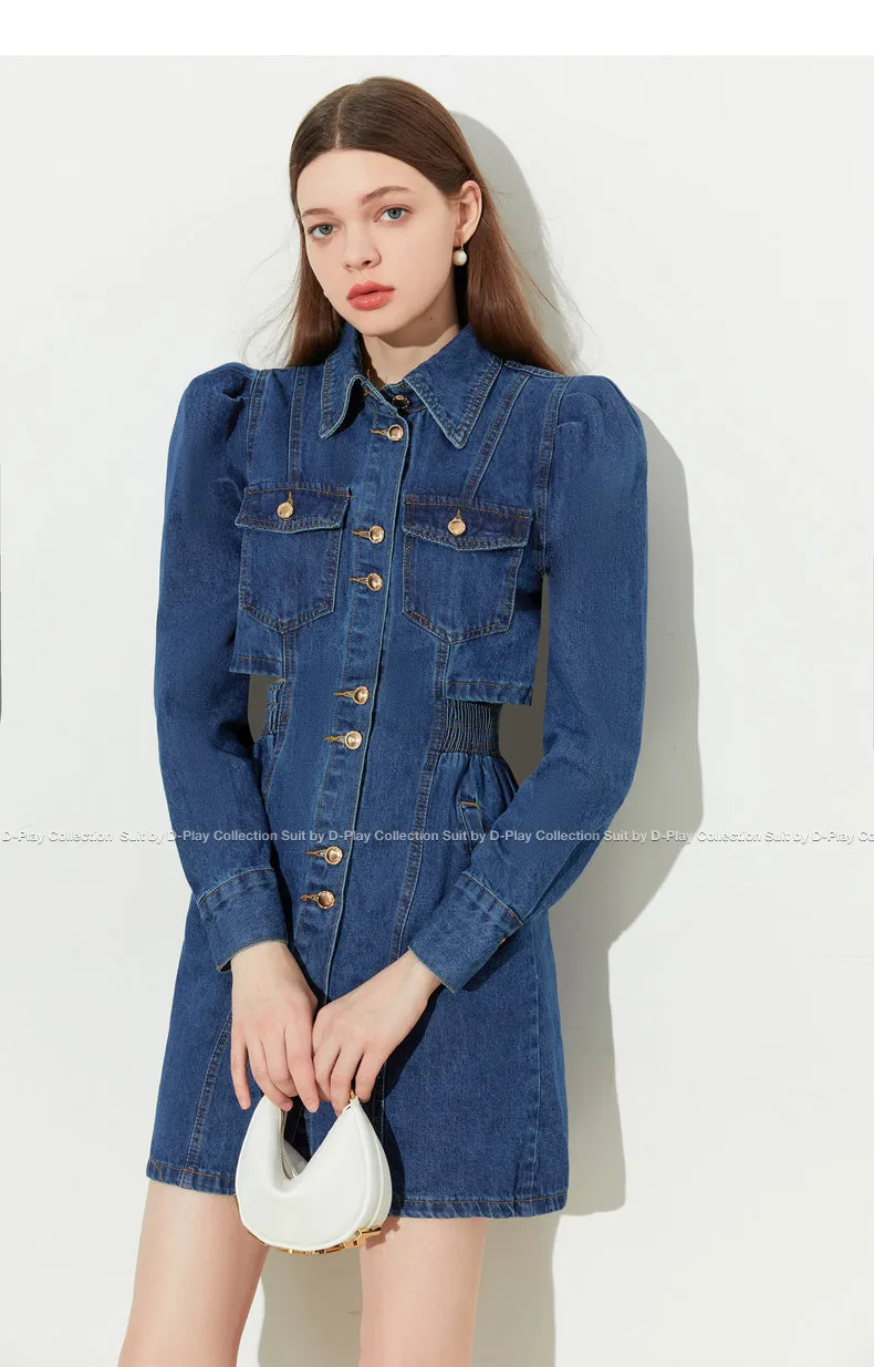 DPLAY fall Autumn Classic Deep Denim Blue Long Sleeve Dress - Imil