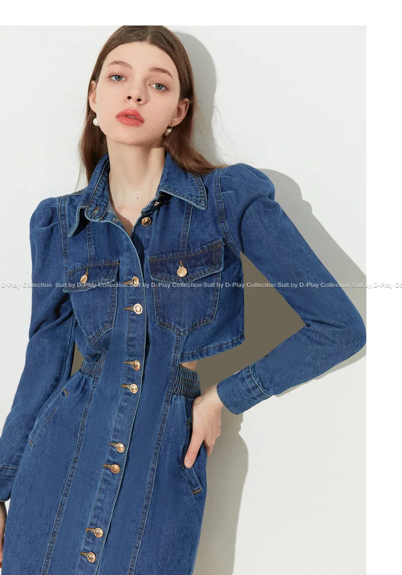 DPLAY fall Autumn Classic Deep Denim Blue Long Sleeve Dress - Imil