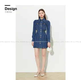 DPLAY fall Autumn Classic Deep Denim Blue Long Sleeve Dress - Imil