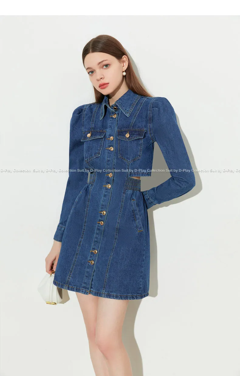 DPLAY fall Autumn Classic Deep Denim Blue Long Sleeve Dress - Imil