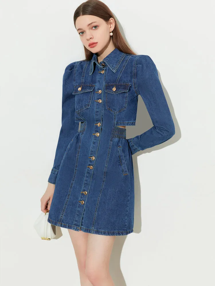 DPLAY fall Autumn Classic Deep Denim Blue Long Sleeve Dress - Imil