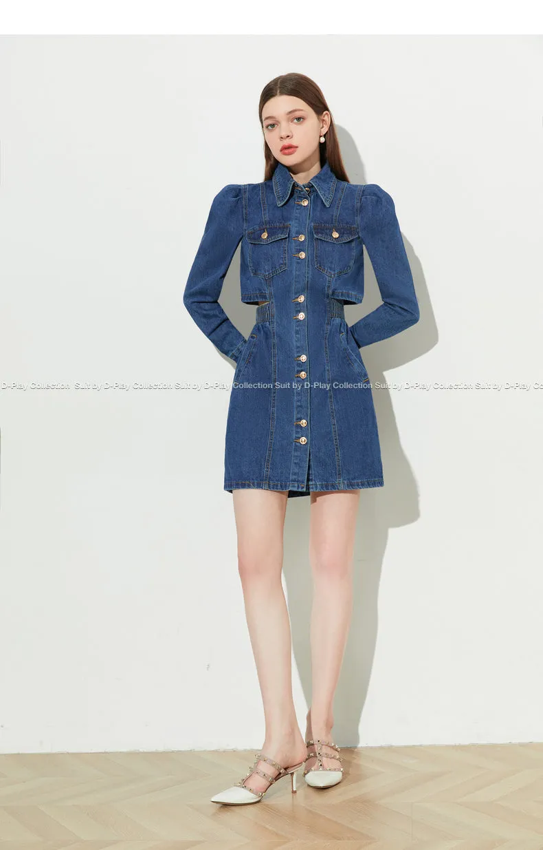 DPLAY fall Autumn Classic Deep Denim Blue Long Sleeve Dress - Imil