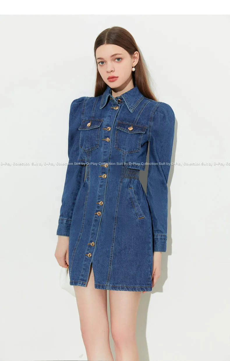 DPLAY fall Autumn Classic Deep Denim Blue Long Sleeve Dress - Imil