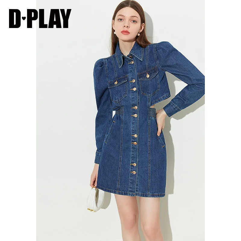 DPLAY fall Autumn Classic Deep Denim Blue Long Sleeve Dress - Imil