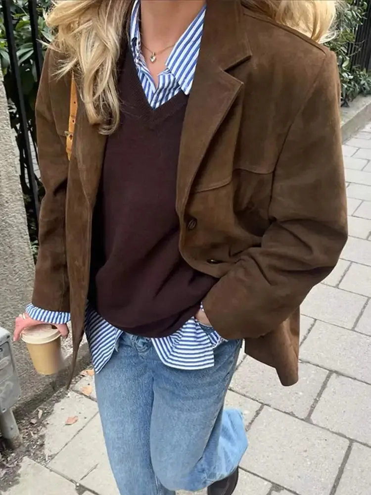 Fashion Brown Lapel With Pocket Jacket Woman Casual Single Breasted Long Sleeve Short Coat 2024 Lady Autumn High Street Outwear