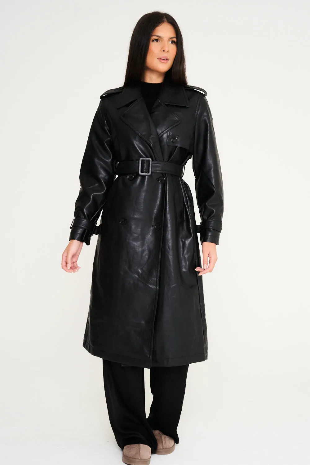 Faux Leather Trench Coat - Black