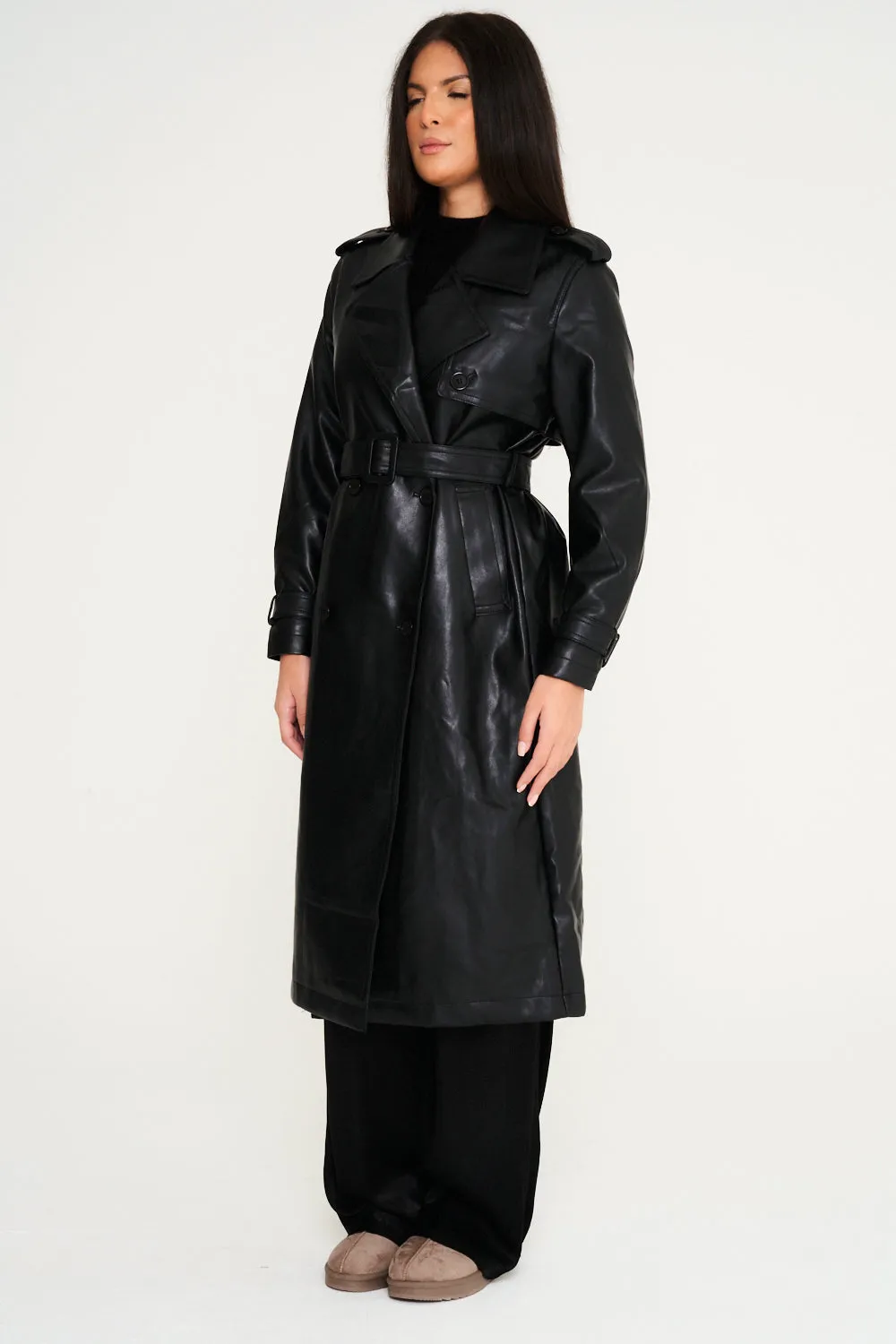 Faux Leather Trench Coat - Black